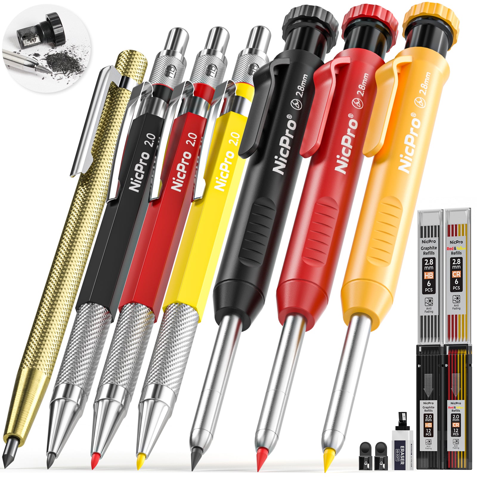 Nicpro 15 Pack Mechanical Carpenter Pencil Set with 42 Refills & Carbide Scribe Tool, Deep Hole Marker Construction Pencils Heavy Duty Woodworking Pencils Built-in Sharpener for Construction Architect
