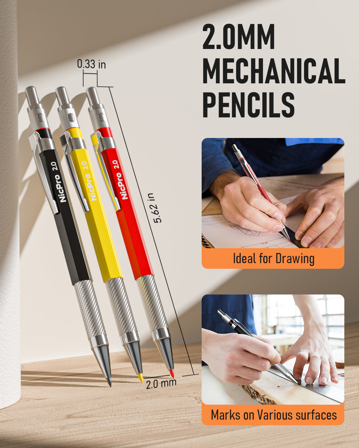 Nicpro 15 Pack Mechanical Carpenter Pencil Set with 42 Refills & Carbi
