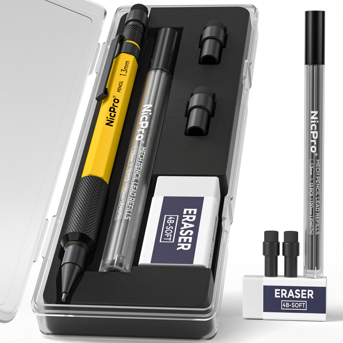 Nicpro 1.3 mm Mechanical Pencils Set with 12 Lead Refill, Eraser Wea