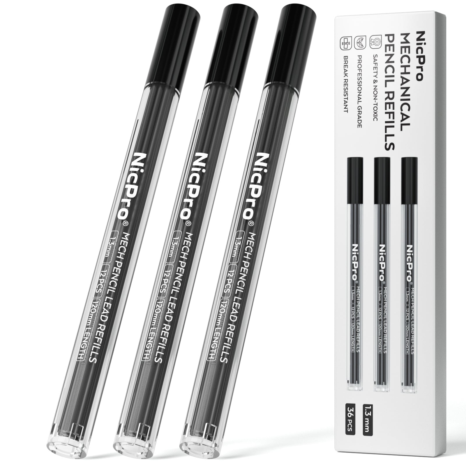 Nicpro 36 PCS 1.3 mm Lead Refills, Break Resistant Weatherproof Mechanical Pencil Refills 1.3 mm (2B), 12 Pack Per Tube, Lead Length 120mm, 3 Tubes- Graphite Lead Black