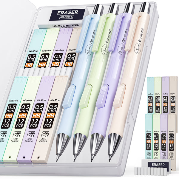 Nicpro 4 PCS Pastel Mechanical Pencil 0.5mm, Cute Fast Click Mechanical Pencils Set with 8 Tubes HB Lead Refills, Erasers, Eraser Refills for School, Student Writing, Drawing, Sketching - with Case