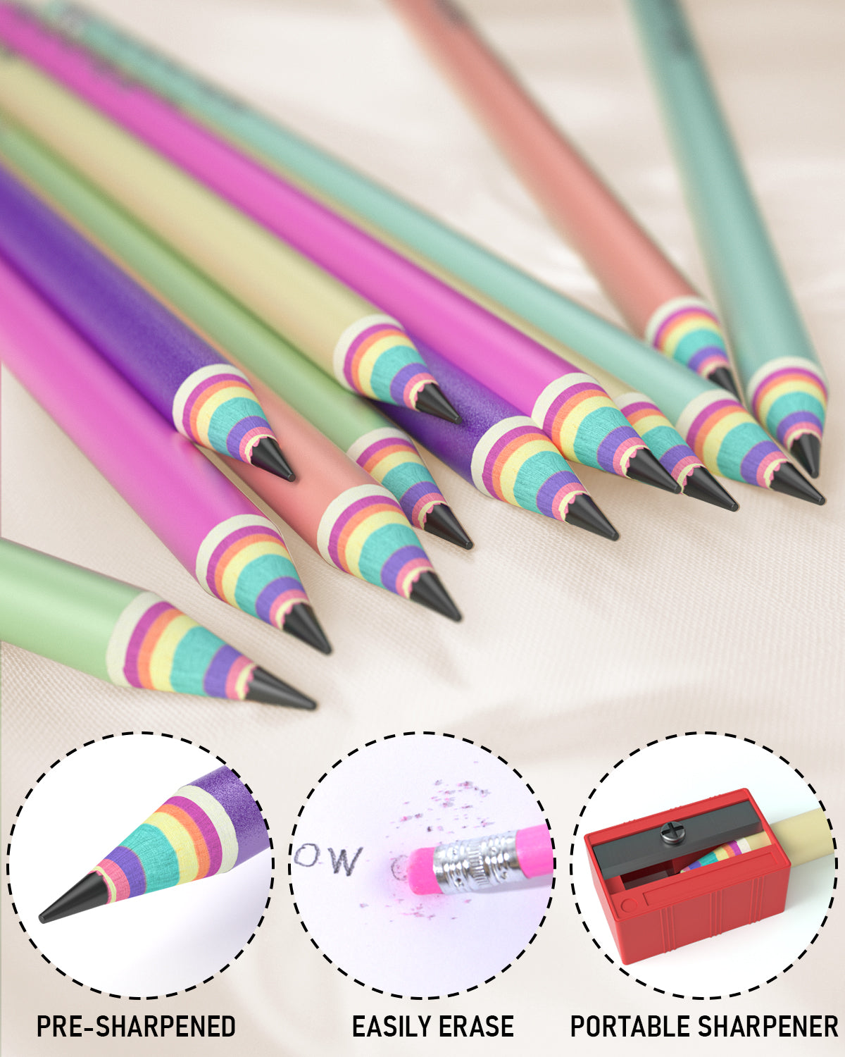 Nicpro 12PCS Pencils #2, HB Rainbow Colored Paper Pencils, Pre-Sharpened Wood-Cased Cute Pencils, Anti-Break Graphite Pencil with Eraser for Student Writing Drawing Drafting Sketching School Supplies