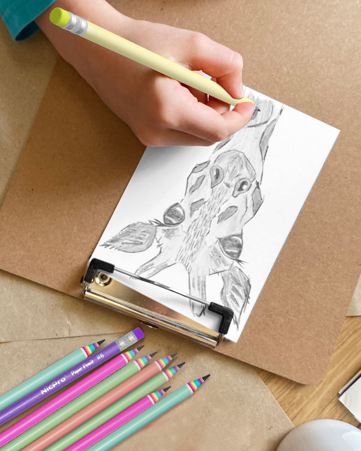 Cute Little Girl Standing on Stack of Books Pencil Drawing