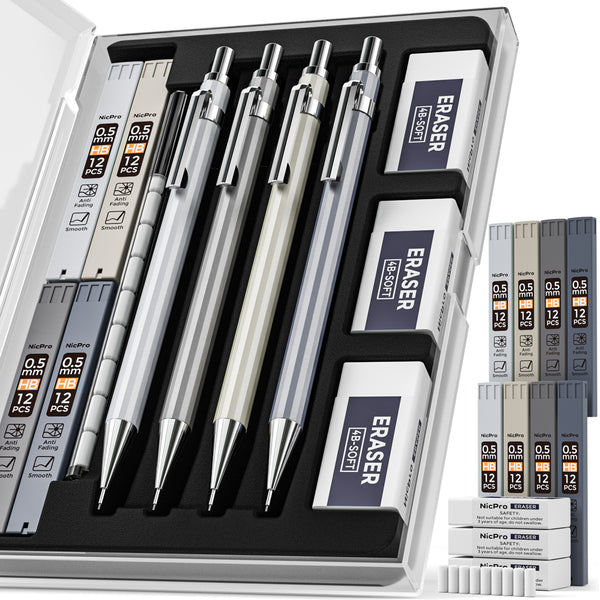 Nicpro 4PCS 0.7 mm Metal Mechanical Pencils Set, Lead Drafting Pencil for Artist Writing, Sketching, Drawing, with 8 Tubes HB Lead Refills & 3PCS 4B Erasers, 9PCS Erasers Refills | Come with Case