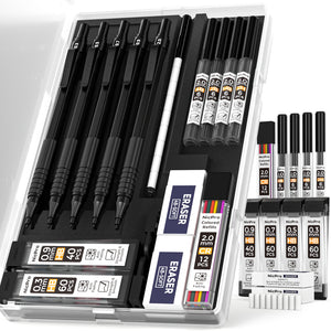 Nicpro Black Art Mechanical Pencil Set, 5PCS Metal Drafting Pencils 0.3, 0.5, 0.7, 0.9, 2mm Lead Pencil Holder (4B 2B HB 2H Colored Lead) For Writing Sketching Drawing With 9 Lead Refills Eraser Case