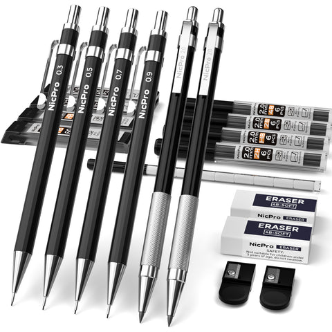 Nicpro 6 PCS Art Mechanical Pencils Set, Black Metal Drafting Pencil 0.3, 0.5, 0.7, 0.9 mm & 2PCS 2mm Graphite Lead Holder(4B 2B HB 2H) For Writing Sketching Drawing With 8 Lead Refills Eraser Case
