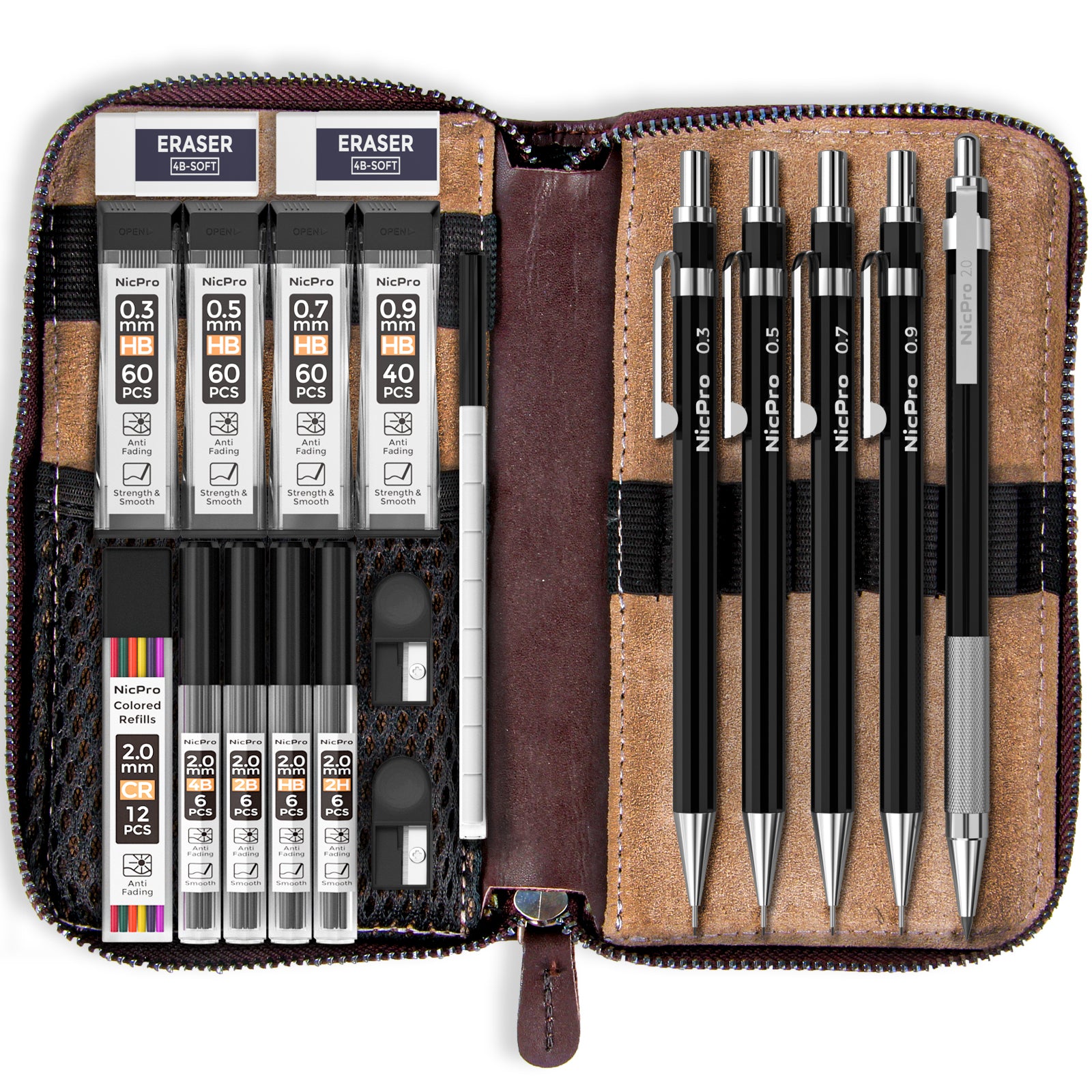 Nicpro 5 PCS Black Metal Mechanical Pencil Set in Leather Case, 0.3, 0.5, 0.7, 0.9 mm & 2mm Lead Pencil Holders, (4B 2B HB 2H) Lead Refills (Black & Colors), Erasers For Art Drafting Sketching Drawing