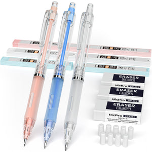 Nicpro 3 PCS Pastel Mechanical Pencil 0.5 with Case for School, with 6 tubes HB Lead Refills, 3 x Erasers, 9 x Eraser Refills for Student Writing, Drawing, Sketching, Blue & Pink & White Colors