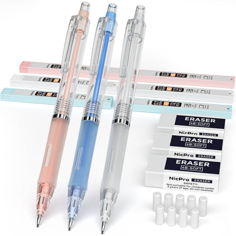 Nicpro 3 PCS Pastel Mechanical Pencil 0.7 with Case for School, with 6 tubes HB Lead Refills, 3 x Erasers, 9 x Eraser Refills for Student Writing, Drawing, Sketching, Blue & Pink & White Colors