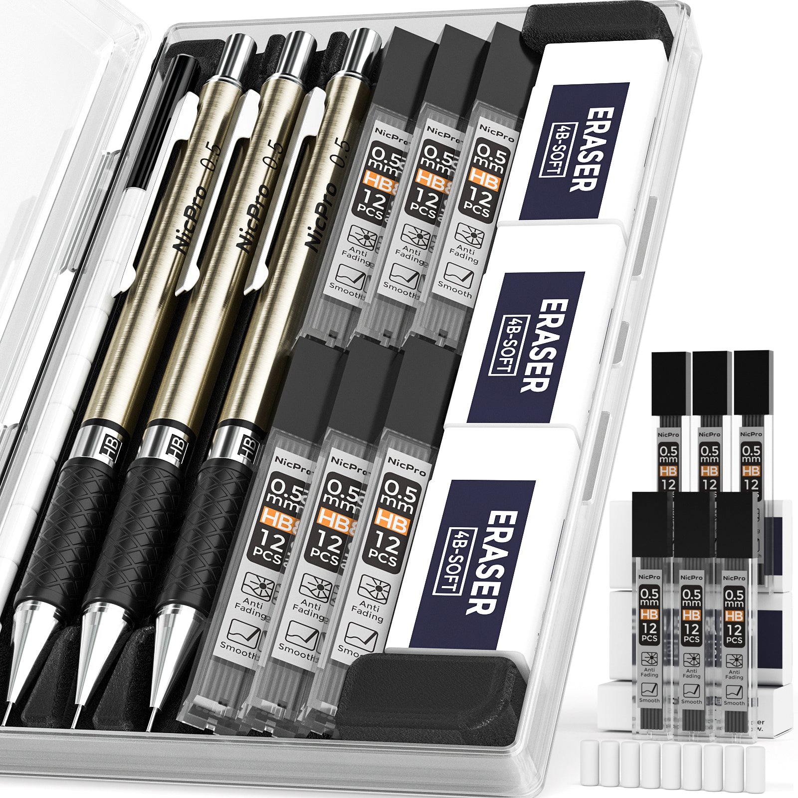 Nicpro 0.5 mm Art Mechanical Pencils Set in Storage Case, 3 PCS Metal Drafting Pencil Lead Pencil with 6 Tube HB Lead Refills, 3 Erasers, 9 PCS Eraser Refills for Artist Writing, Drawing, Sketching