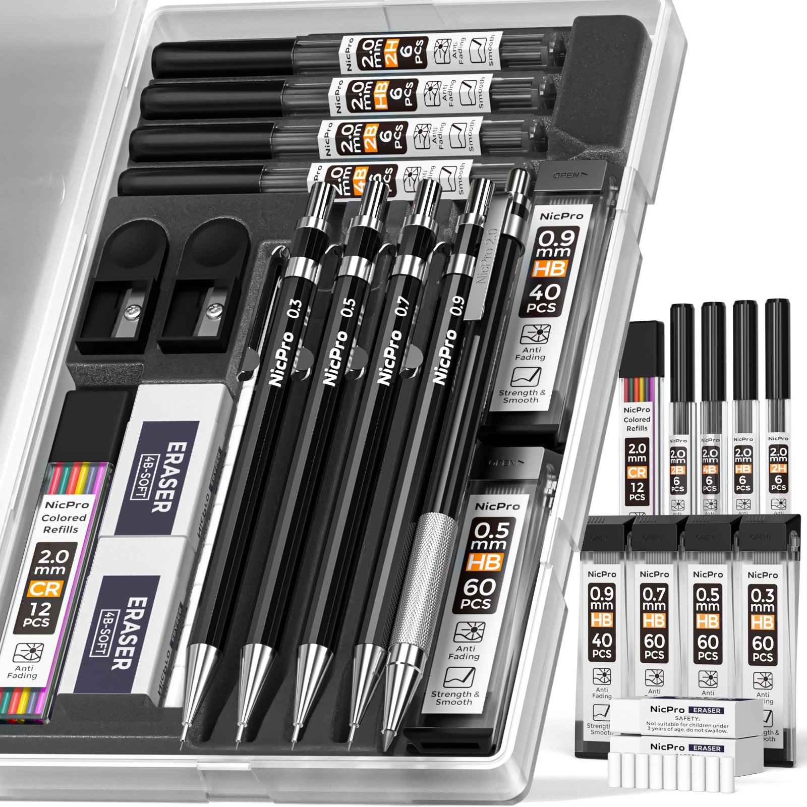 Nicpro 27PCS Art Mechanical Pencils Set in Case, Metal Drafting Pencil 0.5,  0.7, 0.9 mm & 2mm with 13 Tube Lead Refills(4B 2B HB 2H 4H Colors)
